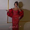 Zira Customized Red Mermaid Evening Dresses With Cape Elegant Beaded Diamonds Party Gowns Customized Engagement Prom Dress