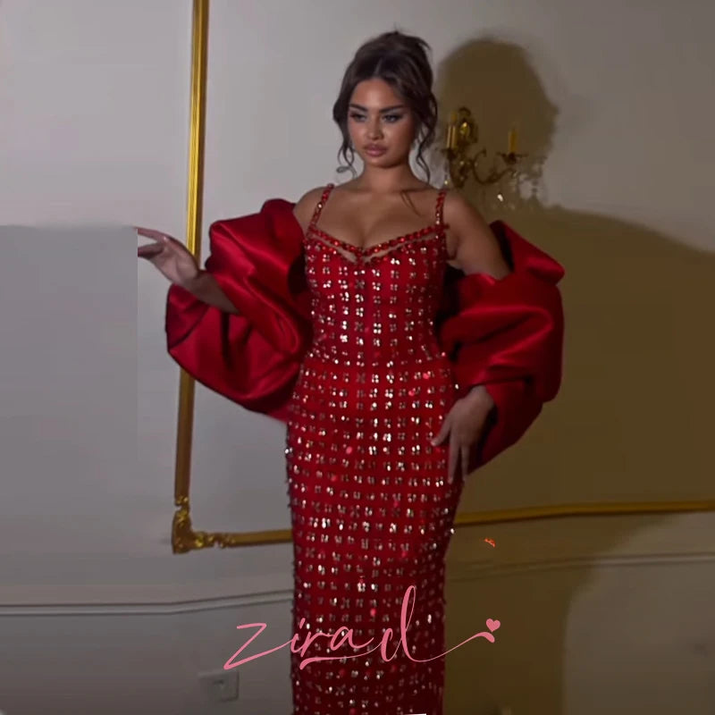 Zira Customized Red Mermaid Evening Dresses With Cape Elegant Beaded Diamonds Party Gowns Customized Engagement Prom Dress