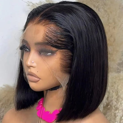 16 Inch Vietnamese Super Double Drawn Bone Straight 13x4 Frontal Bob Wig Glueless Human Hair For Women Natural Black 250 Density