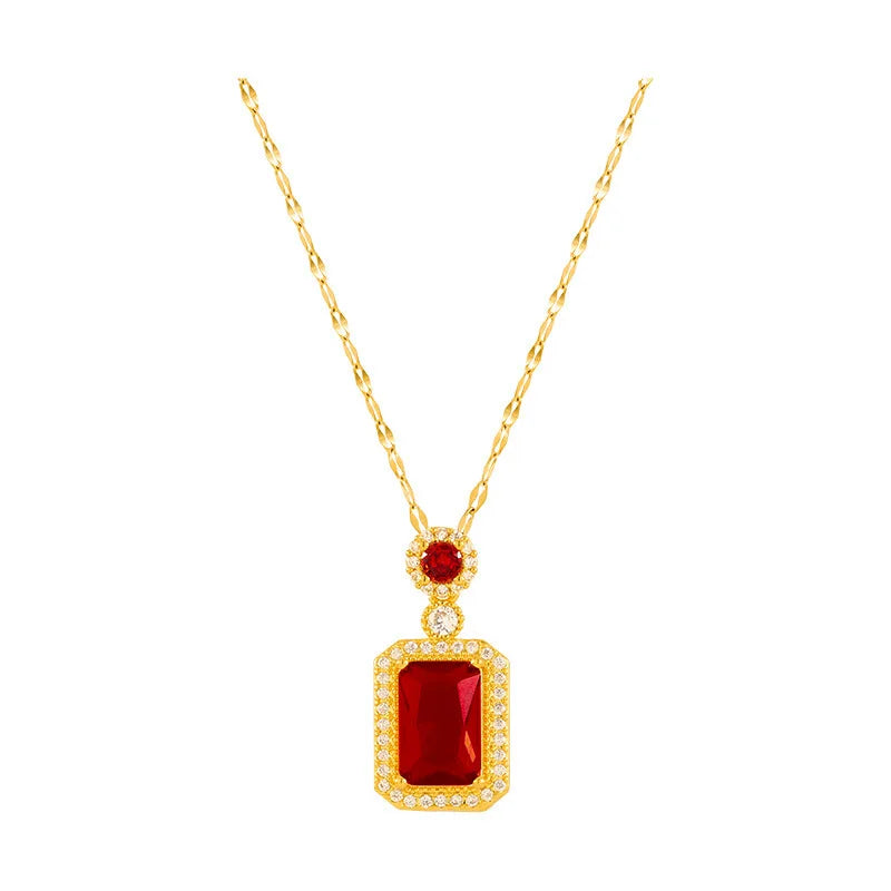 DIEYURO 316L Stainless Steel Square Green Red Zircon Pendant Necklace For Women Classic Luxury Girls Jewelry Chain Birthday Gift