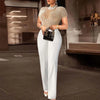 Elegante Jumpsuits & Playsuits für Damen O-Ausschnitt Kurzarm Perlenbesetzt Hohe Taille Luxuriöses Outfit für weibliche Geburtstags-Dinnerpartys