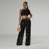 Women Two Piece Pant Sets Sexy Hollow Out Vest Sleeveless Tanks Tops Splice Long Pants Drawstring Streetwear Summer 2025