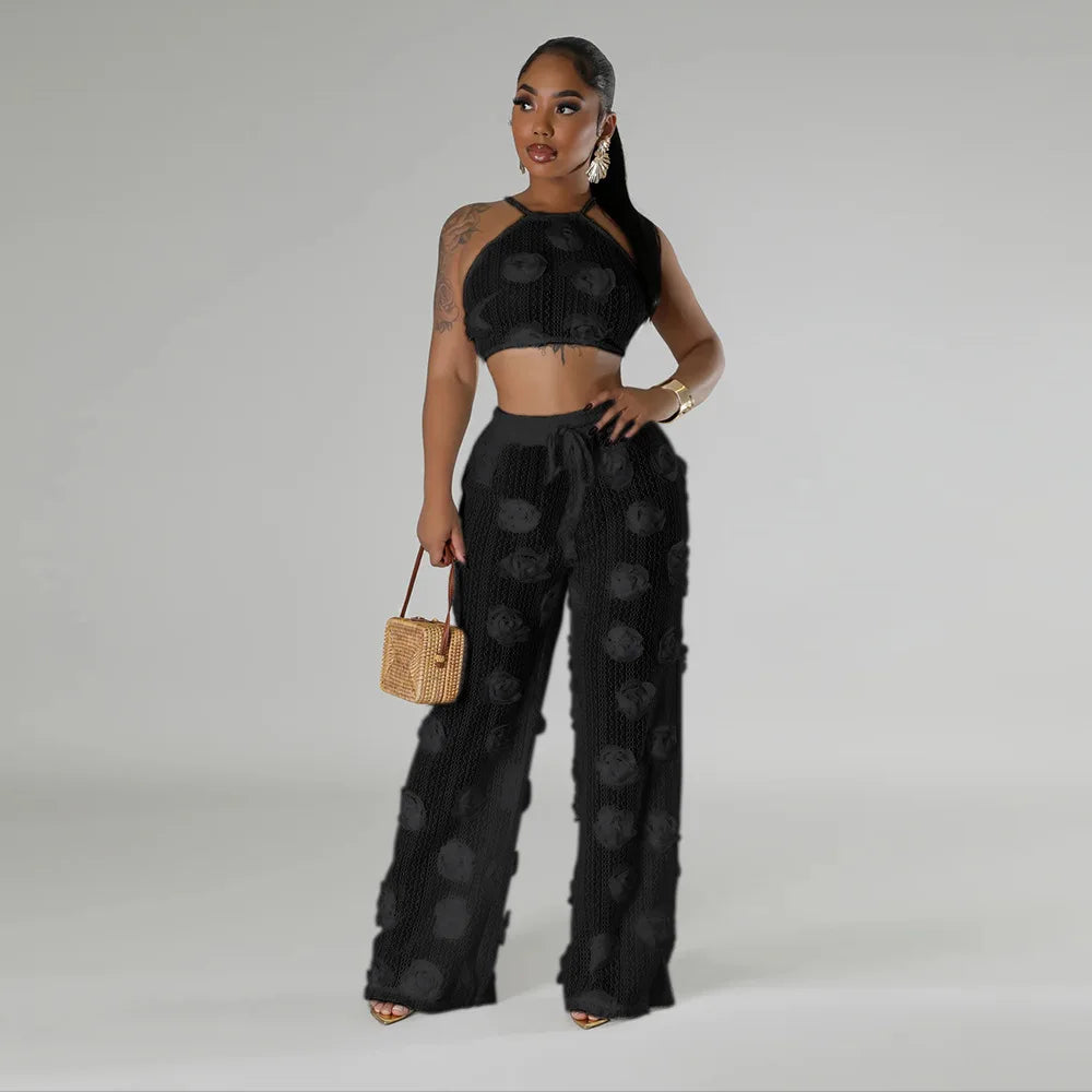 Women Two Piece Pant Sets Sexy Hollow Out Vest Sleeveless Tanks Tops Splice Long Pants Drawstring Streetwear Summer 2025
