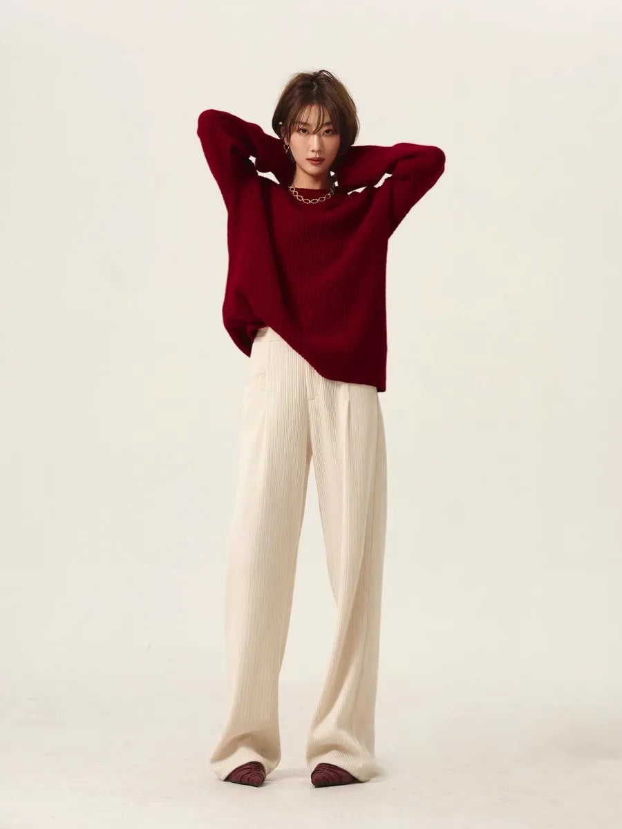 Rollkragenpullover 100% Kaschmir Pullover Damen lose verdickend Anti-Aging Nische Vintage Roter Rundhals-Pullover Damen Langarm