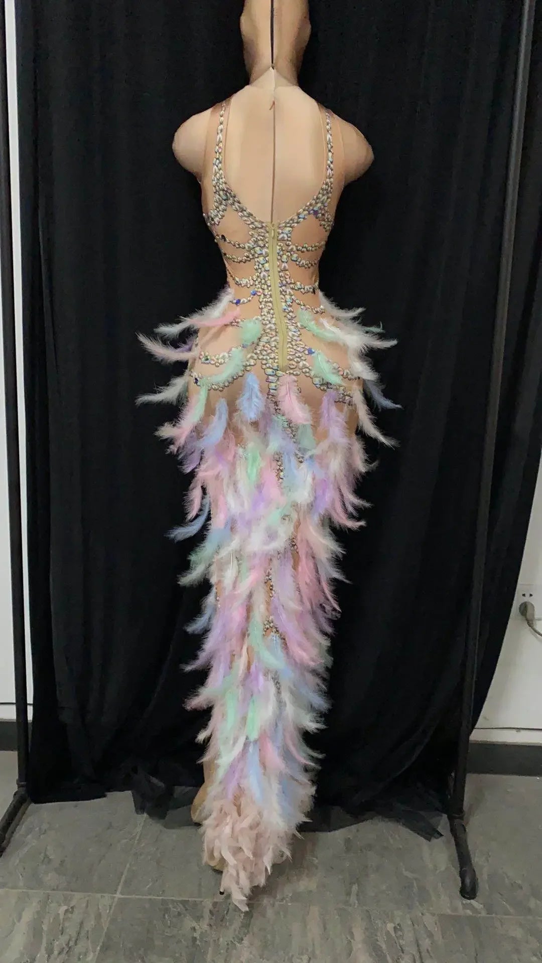Nightclub Party Celebration Sexy Feather Rhinestone Dress Women Elastic Sleeveless Prom High Slit Dress Stage Performance Outfit
