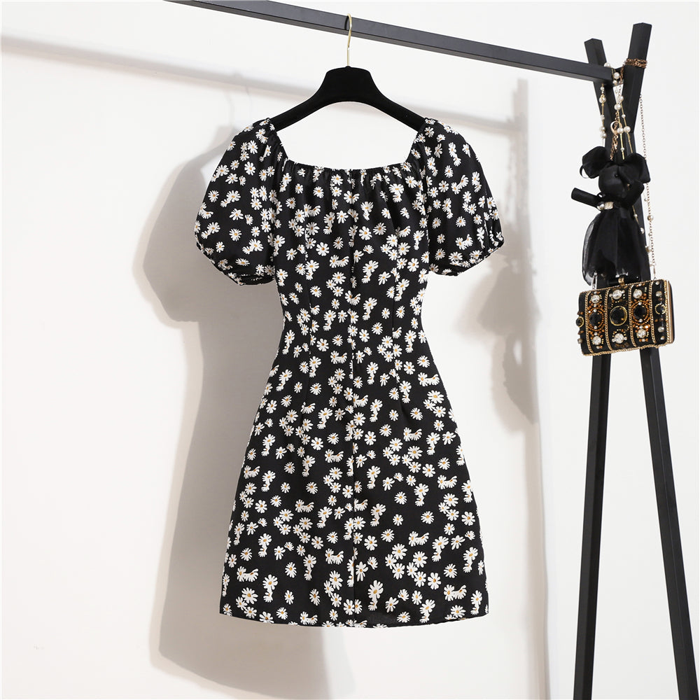 Damen Minikleider Sommer Mode Damenkleider Bedruckte Chiffonkleider mit Blumenmuster, gerafft, plissiert, kurze Puffärmel, Freizeitkleid