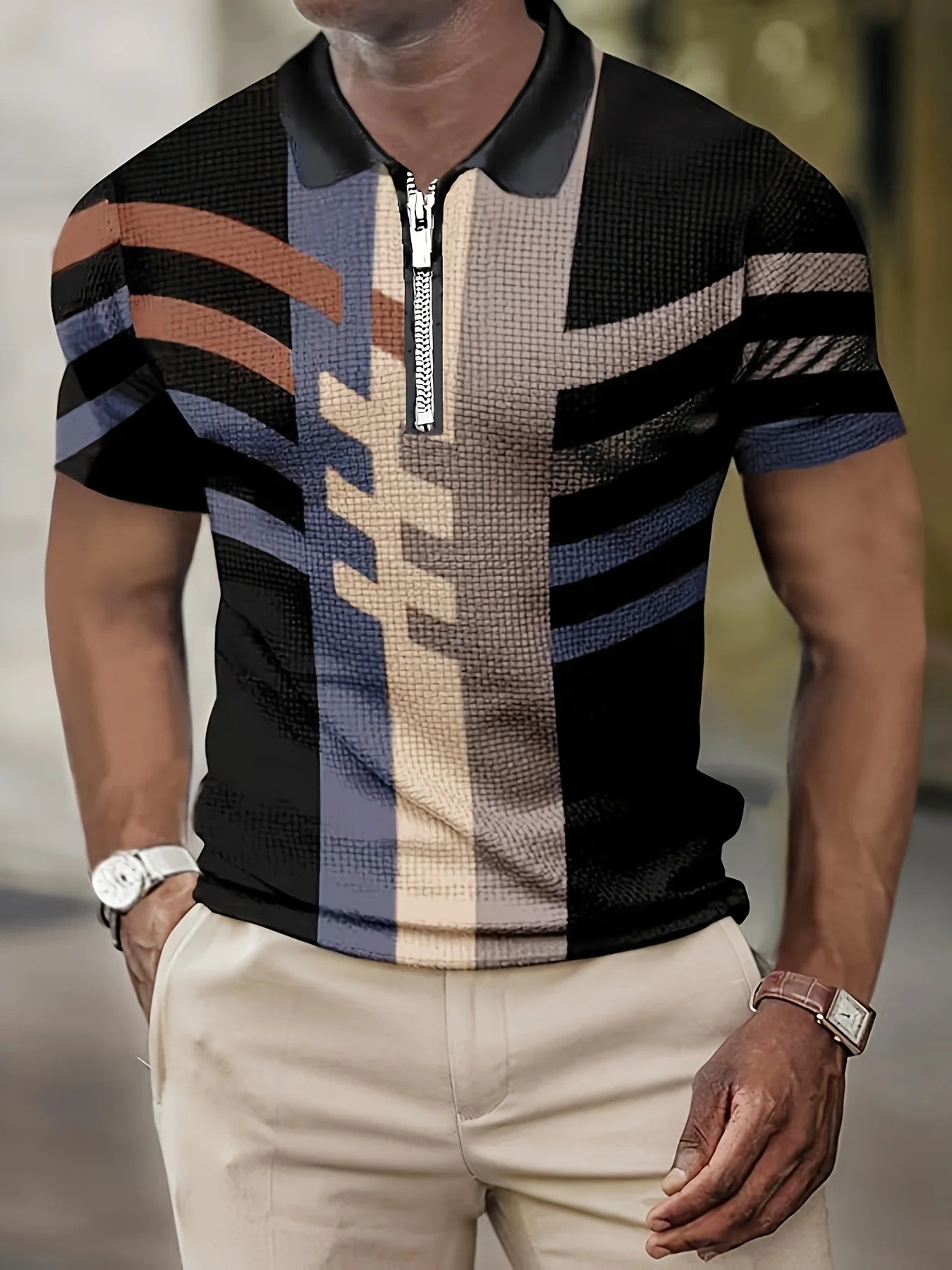 2023 New Men's Short-Sleeved POLO Shirt Summer Retro Striped 3D Printed Top Zipper Lapel Slim POLO Men's Casual Clothing