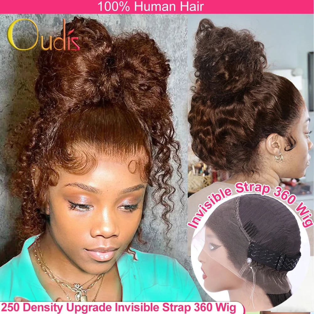 Wasserwelle unsichtbarer Riemen 360 Full HD Lace Front Perücke Schokobraun 30 Zoll Deep Wave Frontal Perücke Klebelose Perücke Echthaar