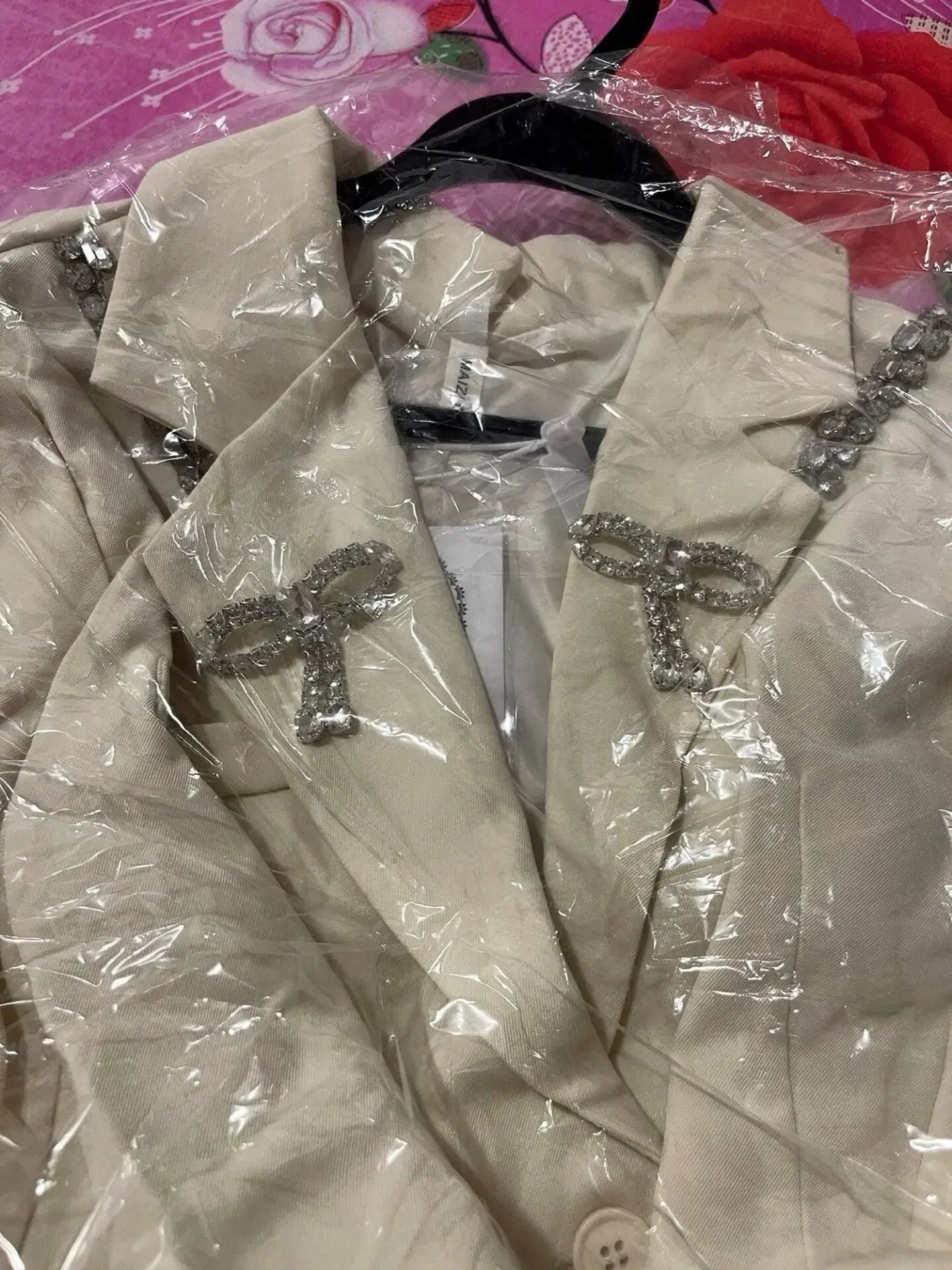Frühling Sommer Diamanten Perlen Schleife Blazer Mantel 3D Schleife Strass Anzug Jacke Kristallkette Umlegekragen OL Strickjacke Tops