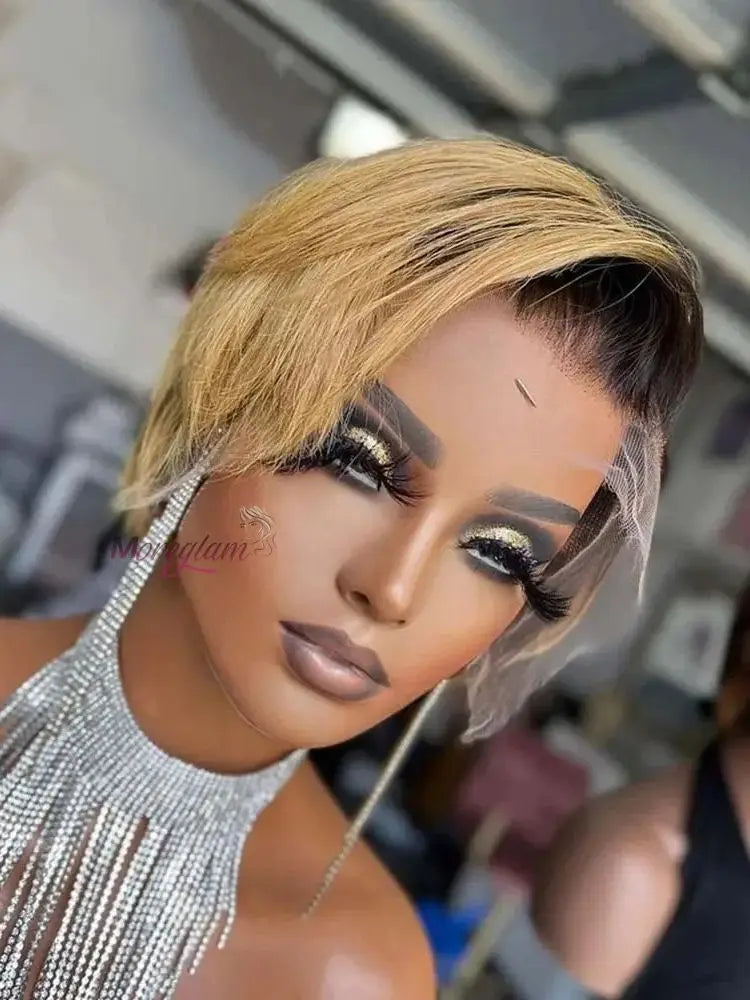 Kurze Bob Perücke Pixie Cut Perücke Glatte Echthaarperücken 13x4 Transparente Lace Front Perücke Für Frauen Highlight Glatte Pixie Cut Perücke
