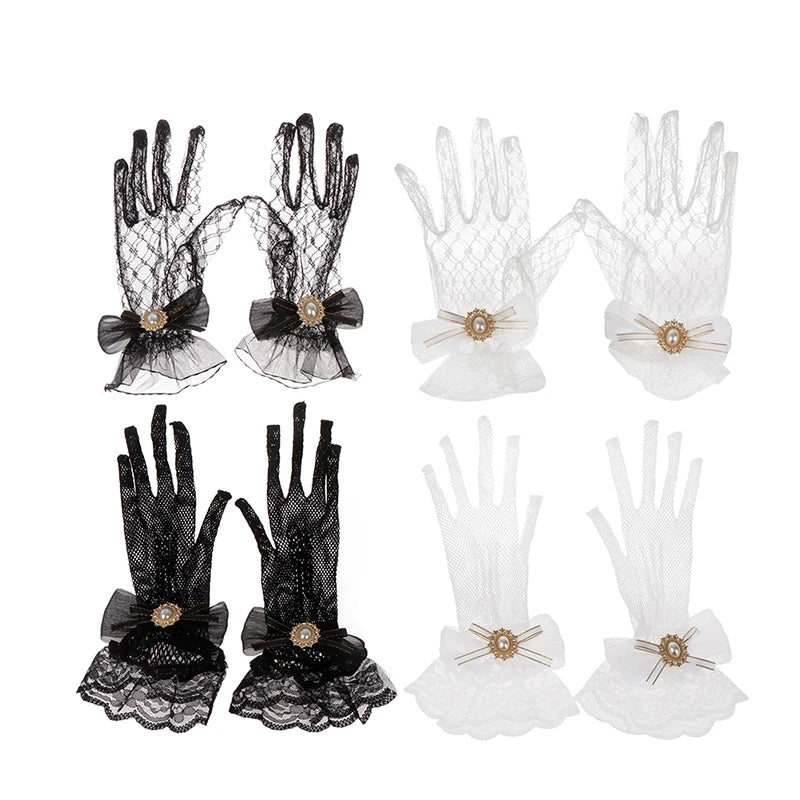 Girl Lolita Mesh Bow Flower Lace Gloves Black White Lace Gloves lolita Lace Sleeves Cosplay Jewelry