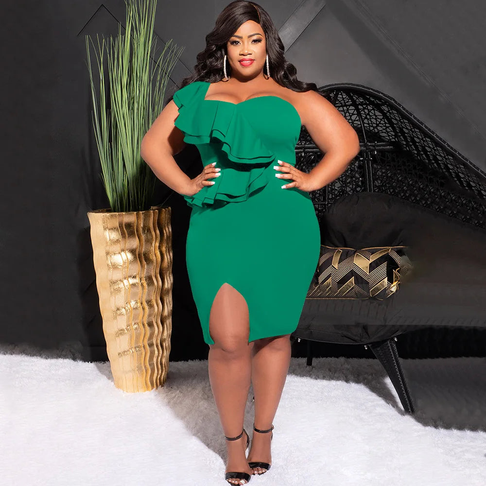 CM.YAYA Plus Size Women Ruffles Shoulder Sleeveless Bodycon Midi Dress 2023 Fashion INS Curve Sexy Party Club Dresses Vestidos