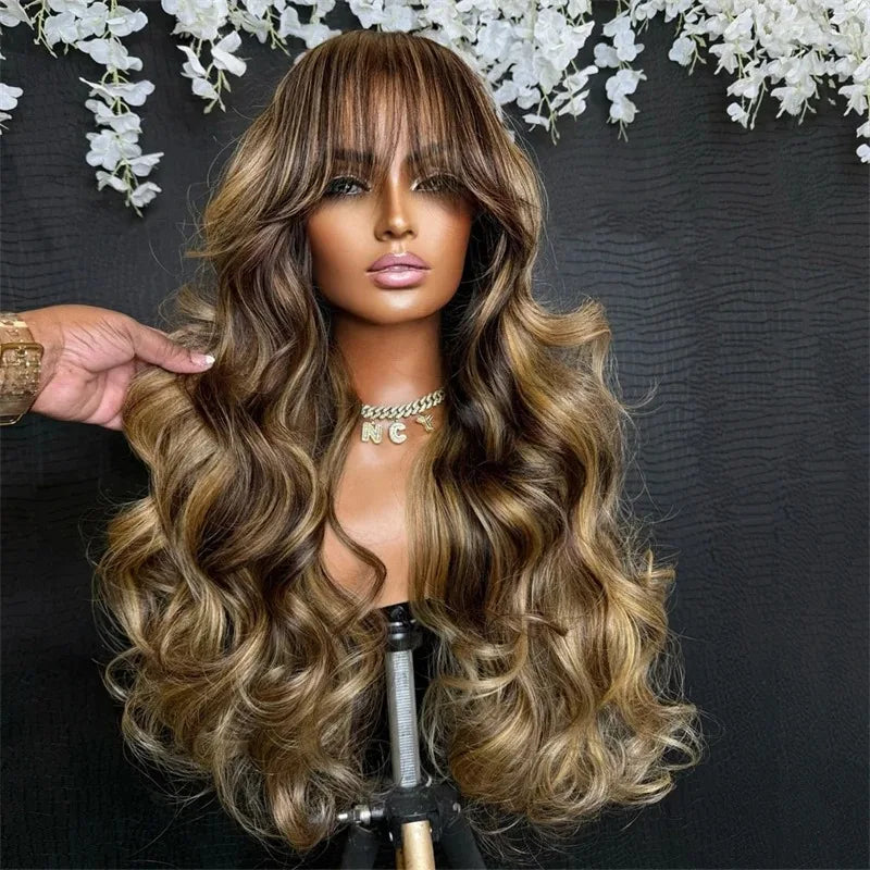 Honey Caramel Ombre Wig Layered Straight Lace Front Wig With Bangs Honey Blonde 13x4 HD Lace Wig Clearance Synthetic For Women