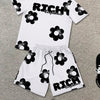 Fashion Men's Black and White Flower Graphic Print T-shirt Shorts 2-piece Set O-neck Short Sleeve Top Elastic Waist Shorts Set