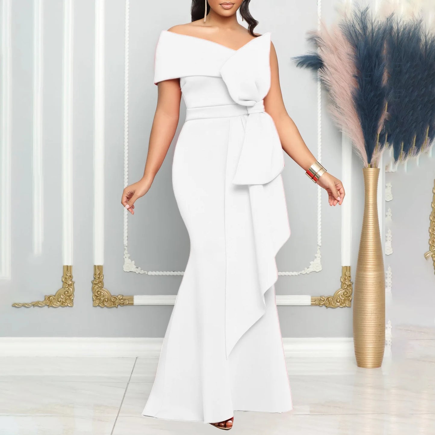 Elegante Kleider für Damen, One Shoulder, ärmellos, Rüschen, Meerjungfrauen-Schnitt, bodenlang, luxuriös, für Geburtstagsfeiern, Dinner, Vestidos Mujer Kleid