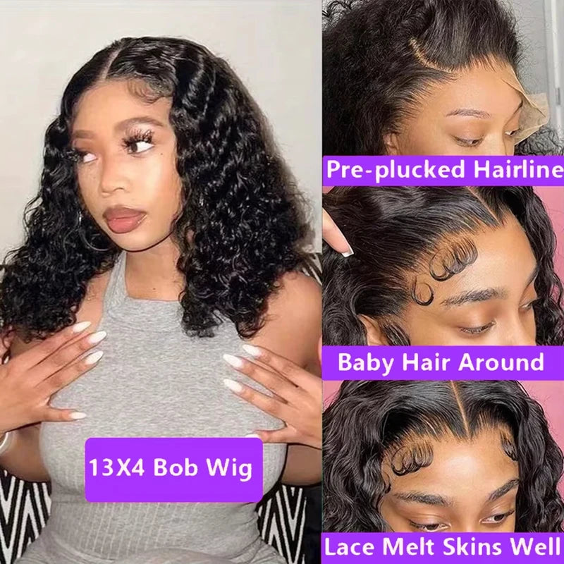 13x4 Kurze Bob Perücke Echthaar Deep Wave 100% Brasilianische Lockige Echthaar Perücken Transparente Spitze Front Perücken Für Frauen Vorgezupft