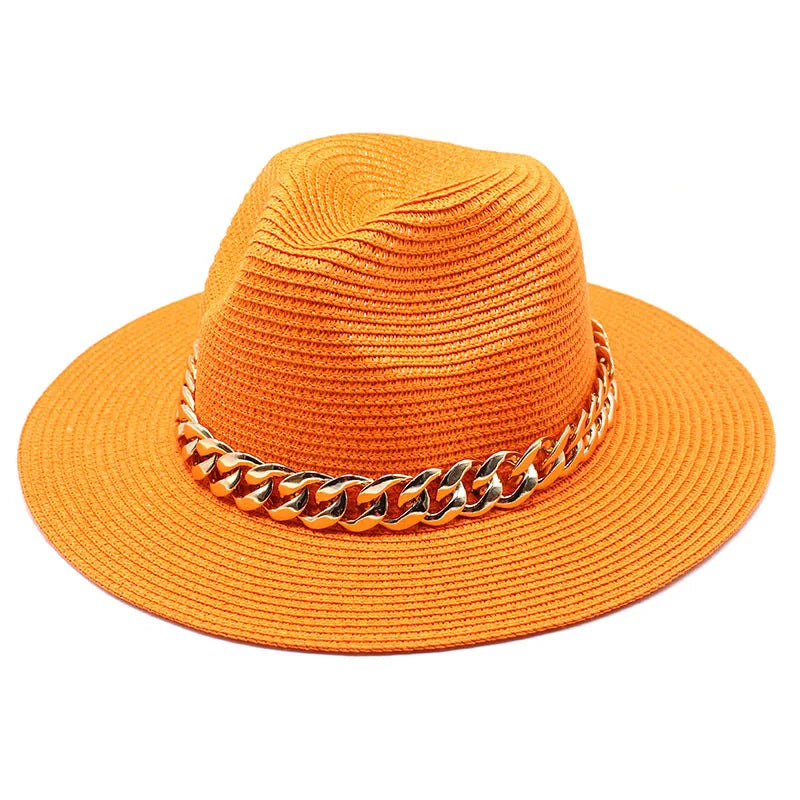 Set Straw Hat and Bag Set Gold Chain Bag Hat Set Ladies Leather Bag Tote Church Fedora Party Jazz Straw Hat