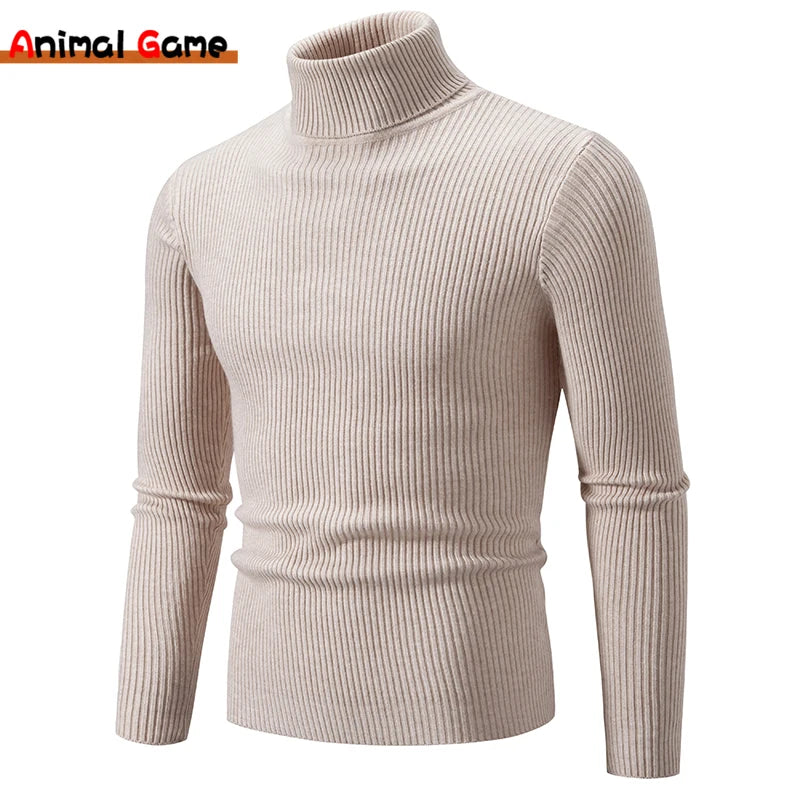 Autumn Men's Turtleneck Sweater Winter Knitted Striped Warm Outdoor Tops