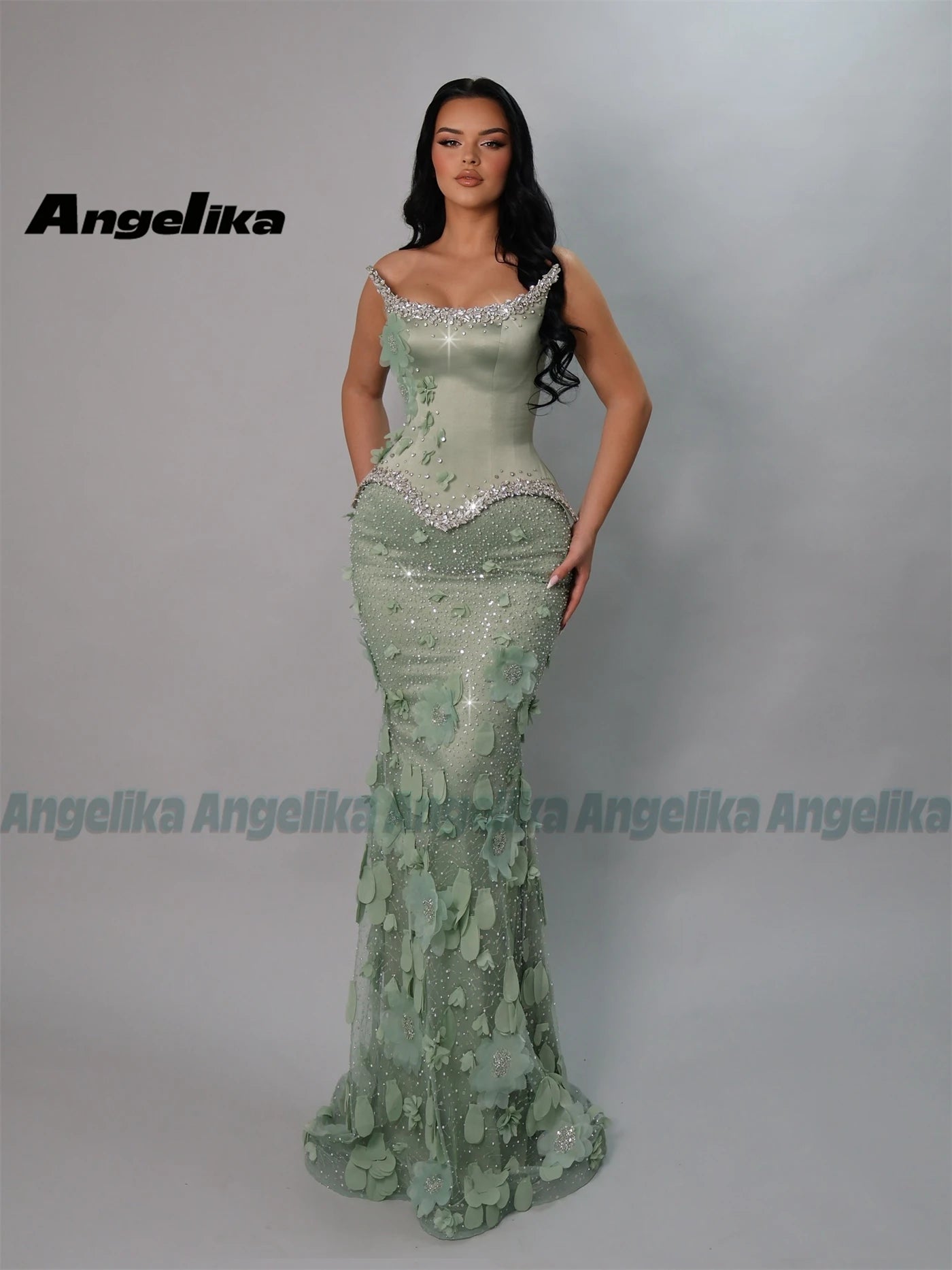 Angelika Glamorous Mermaid Prom Dresses for Women 3D Flowers Crystals Pearls Lace up Pageant Gowns Vestido de Gala Customized