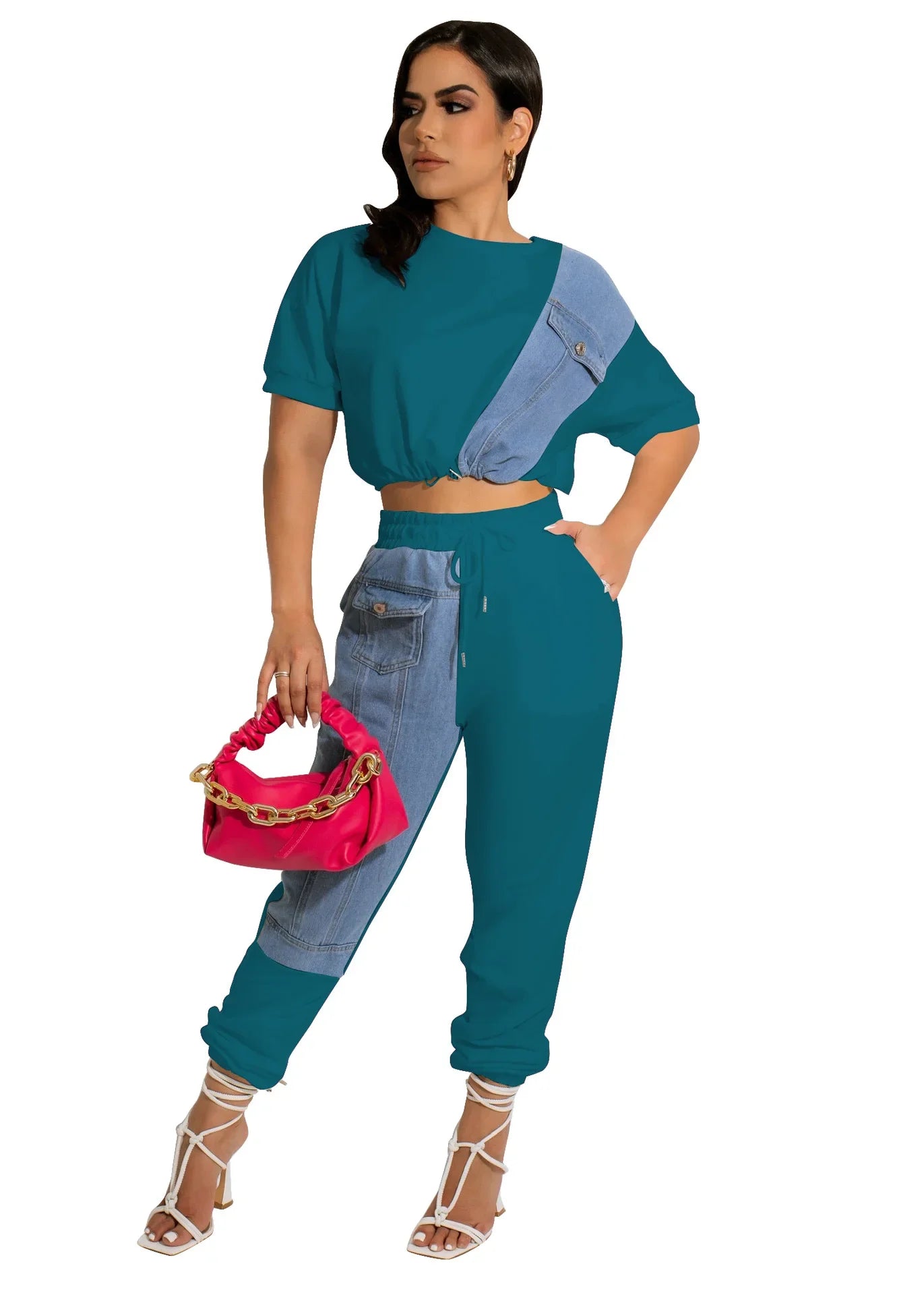 CM.YAYA Workout Denim Patchwork Women Two 2 Piece Set Outfit Sweatsuit 2022 T-shirt and Jogger Pants Matching Set Tracksuit