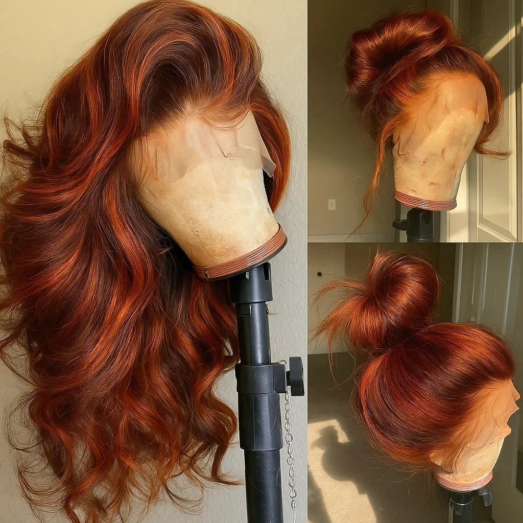 100% Human Hair 4/350 Highlight Ombre Body Wave 13x6 Lace Front Wig Ginger Orange Brown Colored Water Wave 13x4 Lace Frontal Wig