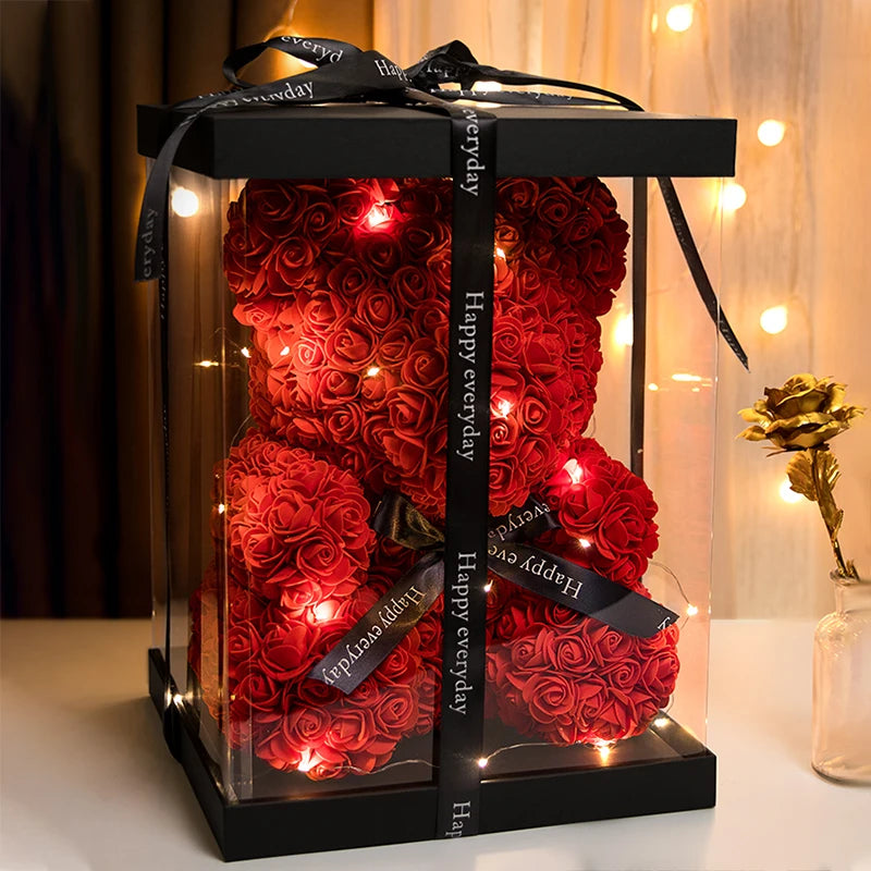 Valentinstagsgeschenke Dekoration Rosenbär Künstliche Blume mit Box Lichter Teddybär für Frauen Freundin Geburtstagsgeschenk Liebesblume