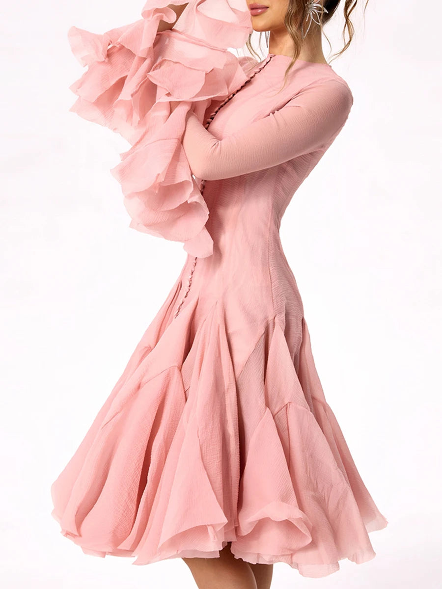 TWOTWINSTYLE Damenkleid Unregelmäßig Gefaltet Patchwork Mode Lang Laternenärmel Tailliertes Minikleid 2024 Neue Kleidung