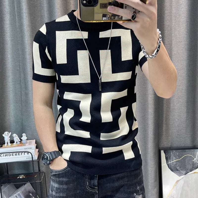 Luxury Men Autumn Knitted Tshirt 2024 Korean O-neck Short Sleeve Top Tees Streetwear Male Social Club Slim Fit Casual T-Shirt