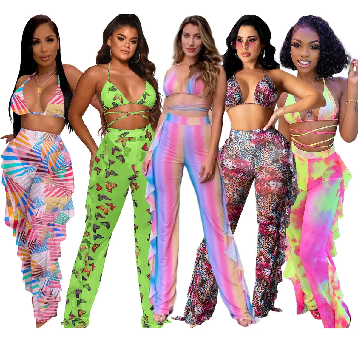 Bra+tassel Pants Suit  2 Piece Set Women Hot Pink Swimsuit Mesh Bathing Suit Sexy Matching Swimwear Viquinis Mujer 2022
