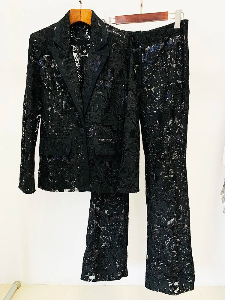 HIGH STREET Newest 2026 Designer Runway Suit Set Women's Single Button Guipure Lace Sequined Blazer Pants Suit