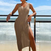 2024 Summer Ladies Vacation Hollow Out Robe Women Chic Solid Knitted Maxi Dress Fashion Sleeveless Sexy Beach Cover Up Dresses