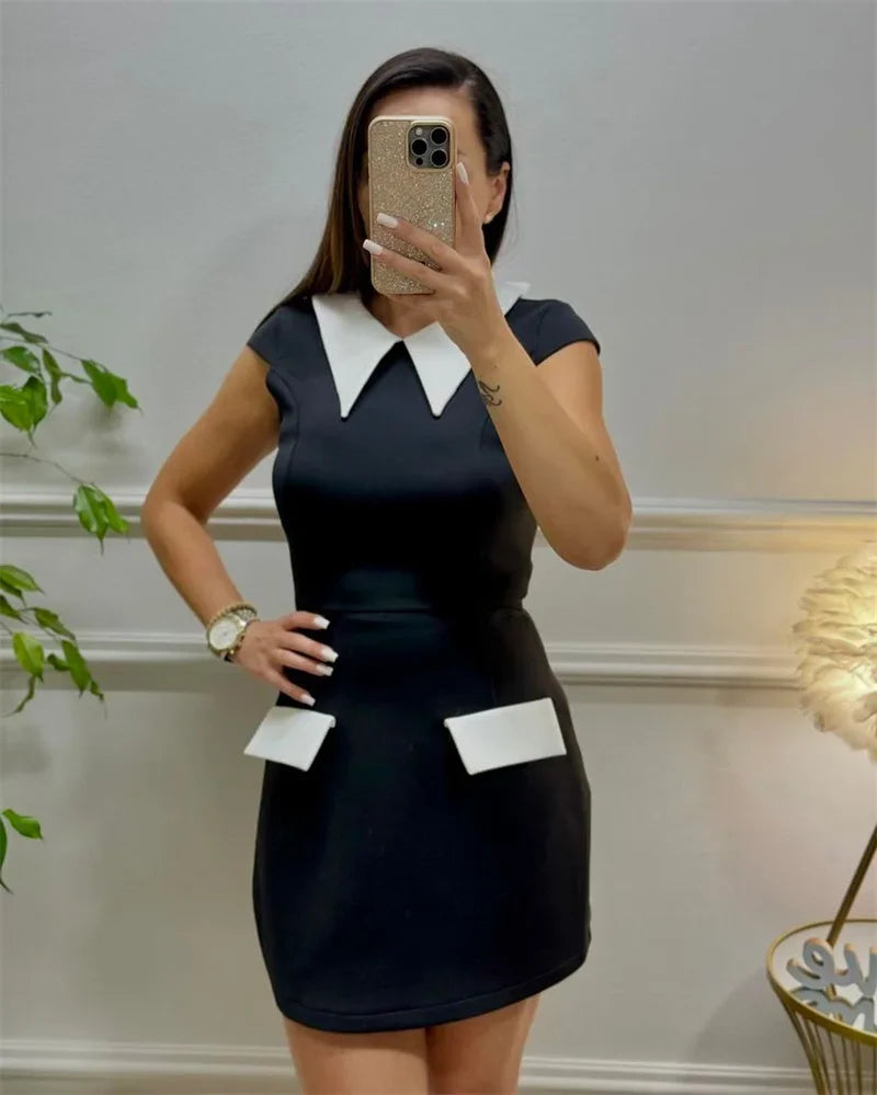 Elegantes A-Linien-Minikleid für Damen mit Peter-Pan-Kragen, kurzen Ärmeln, Taschen, Patchwork, Etui-Passform, hoher Taille, für Party und Club, kurze Kleider