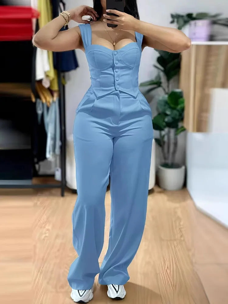 Chic Women Suit Y2k Sexy Two Piece Set Summer Sleeveless Slim Vest And Wide-leg Trouser Sets Elegant Solid Pants Women's Outfit
