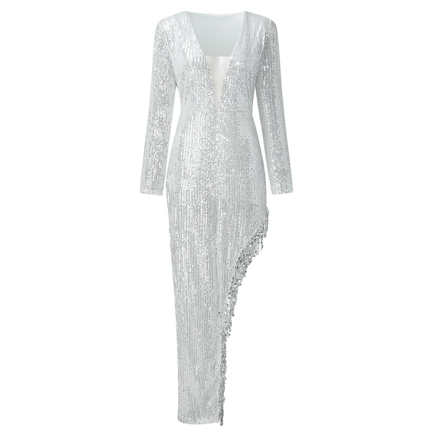 Prom Dresses Women Luxury Long Sleeve Beading Sexy Bodycon Long Dress Irregular Tassels Sequined Evening Party Dress Clubwear