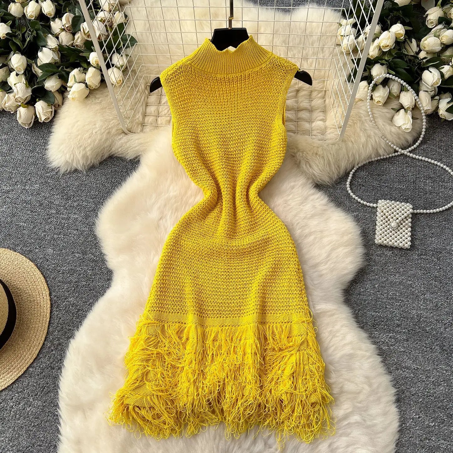 Joskaa 2025 Summer Women Elegant Round Neck Sleeveless Tassels Hem Bodycon Mini Knitted Dress Holiday Beach Party Clubwear