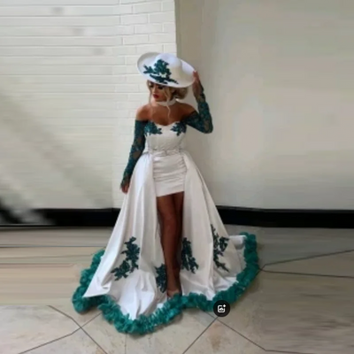 New Design Prom Dresses with Lace Appliques Party Dress Off Shoulder Long Detachable Overskirt Party Gowns Full Sleeves
