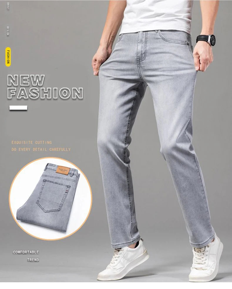 Sommer elastische Herrenjeans Mode Grau Bequeme Business Straight Stretch Baumwolle Casual Denim Hose Marke Männliche Dünne Hosen
