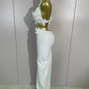 Women Sexy White Flowers V-Neck Tops Bodycon Long Dress Two Pieces Set Eveing Party Prom Gown Nightclub Celebrate Birthday Dress