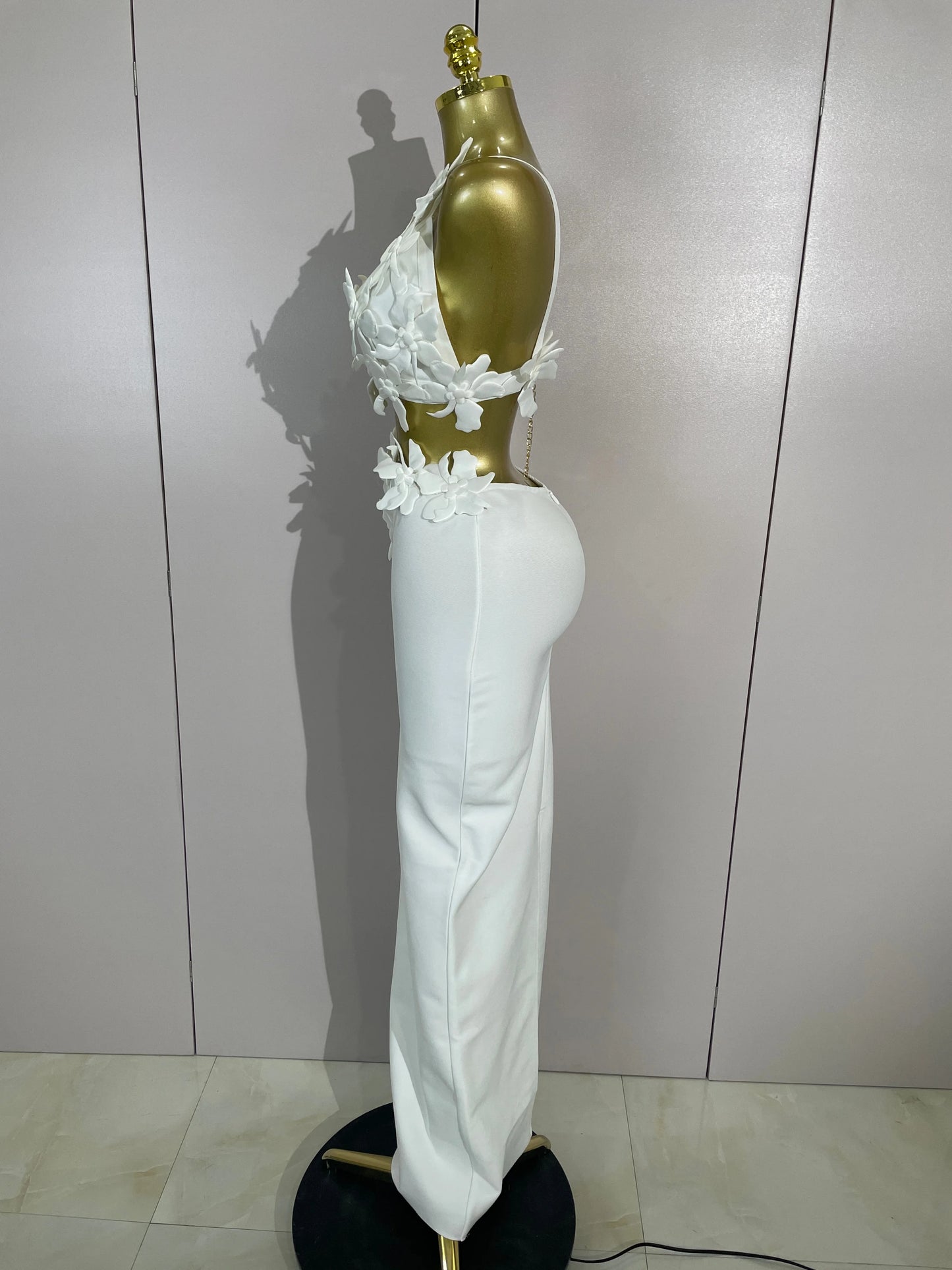 Women Sexy White Flowers V-Neck Tops Bodycon Long Dress Two Pieces Set Eveing Party Prom Gown Nightclub Celebrate Birthday Dress