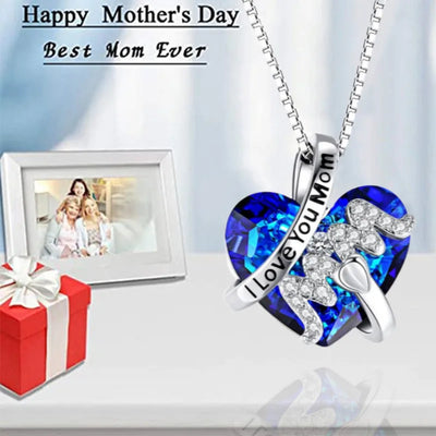 Luxury Fashion "Mom" Pendant Necklace Red Blue Heart Crystal Jewelry Ladies Anniversary Birthday Christmas Mother's Day Gift