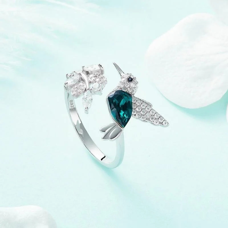 Elegant Natural Blue Stone Adjustable Hummingbird Rings for Women Glass Filled Rings Female Engagement Wedding Party Jewelry