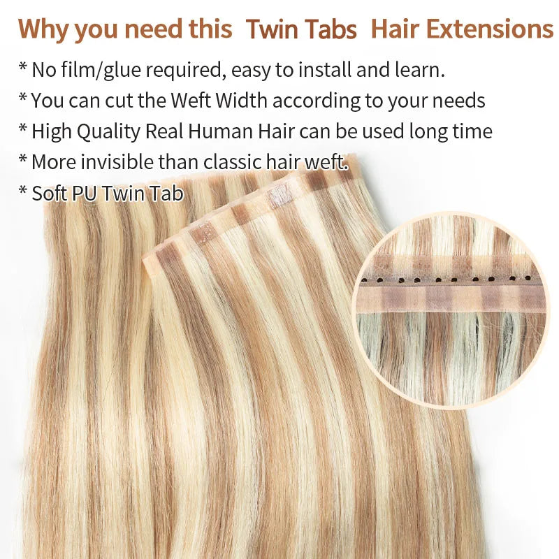 Invisible Hole Flat Pu Tape Human Hair Twin Tabs 25cm Long Tape PU Weft Real Human Hair No Glue Microlink Application 40-50g