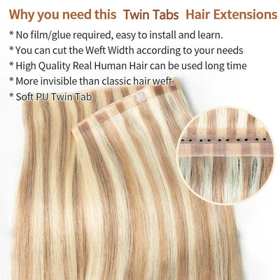 Invisible Hole Flat Pu Tape Human Hair Twin Tabs 25cm Long Tape PU Weft Real Human Hair No Glue Microlink Application 40-50g