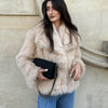 TRAF 2024 Women Fashion Cropped Faux Fur Jacket Coat Long Sleeve Front Snap-button Female Outerwear Chic Lapel Collar Thick Coat