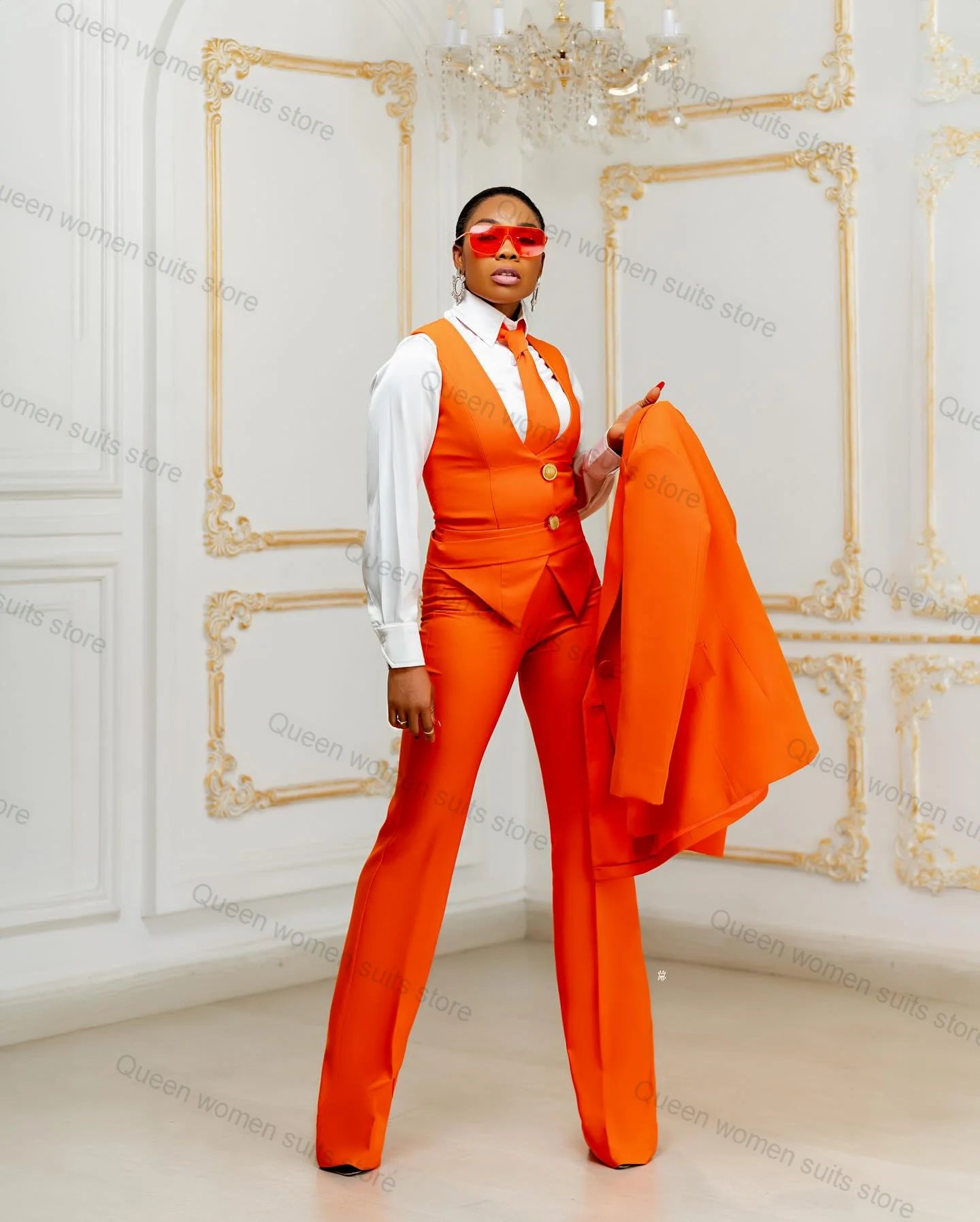 Office Orange Women Suit Set for Wedding 3 Piece Blazer+Pants+Vest Jacket Business Lady Cotton Coat Trousers Custom Made