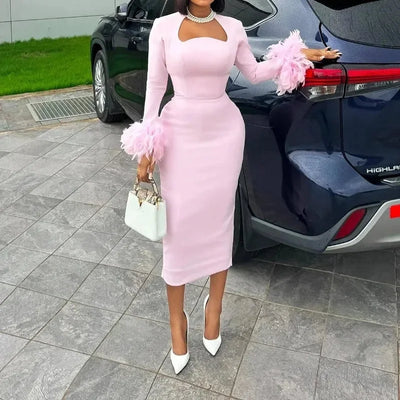Neu eingetroffen Damen Sexy Hochtailliertes Langarm Federbesatz Schlitz Bandage Kleid OL 2025 Elegante Abend Club Party Kleider