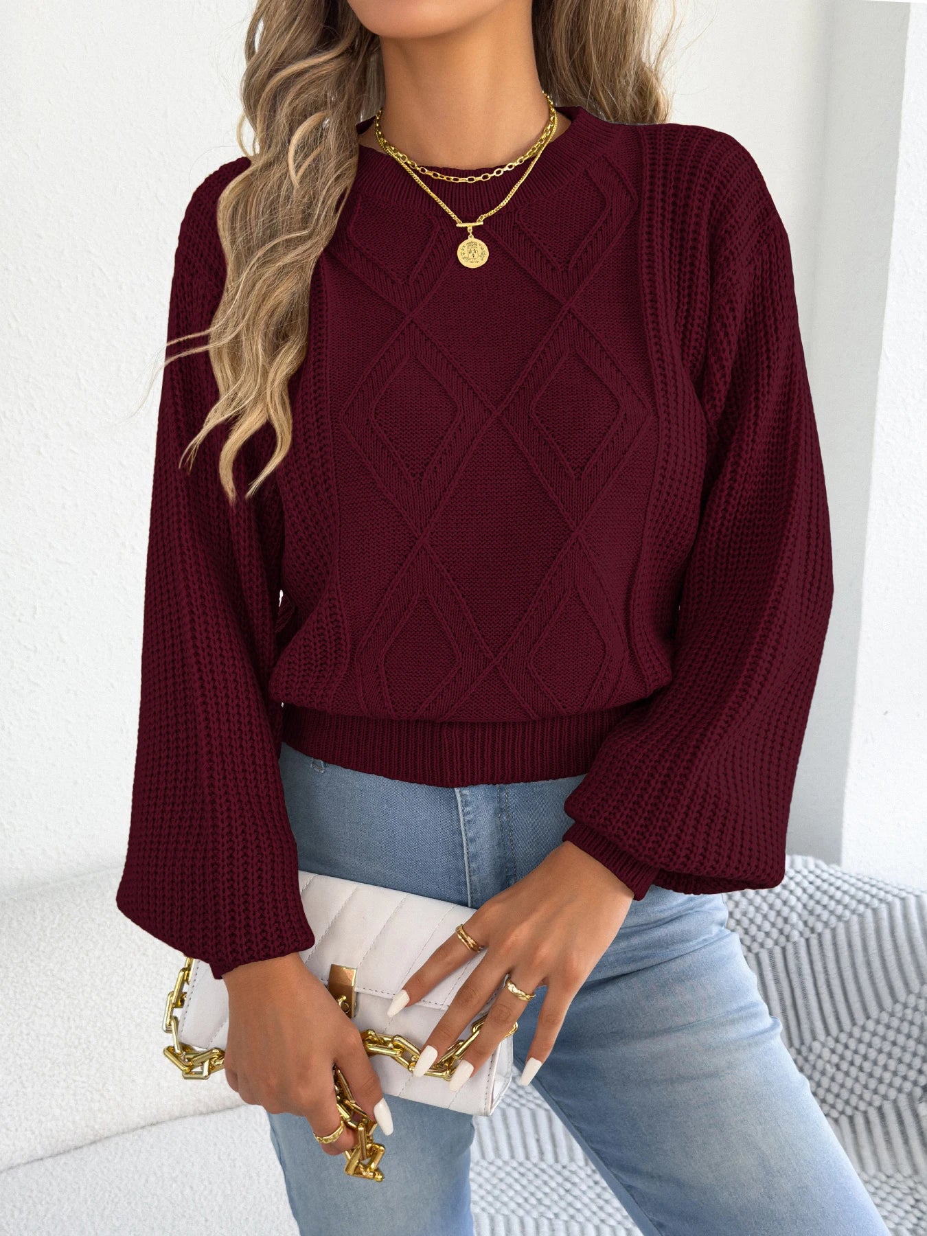 Women's Solid Color Round Neck Lantern Long Sleeve Knitted Sweaters for 2026 Autumn Winter Woman Clothes Yellow Red Khaki Tops