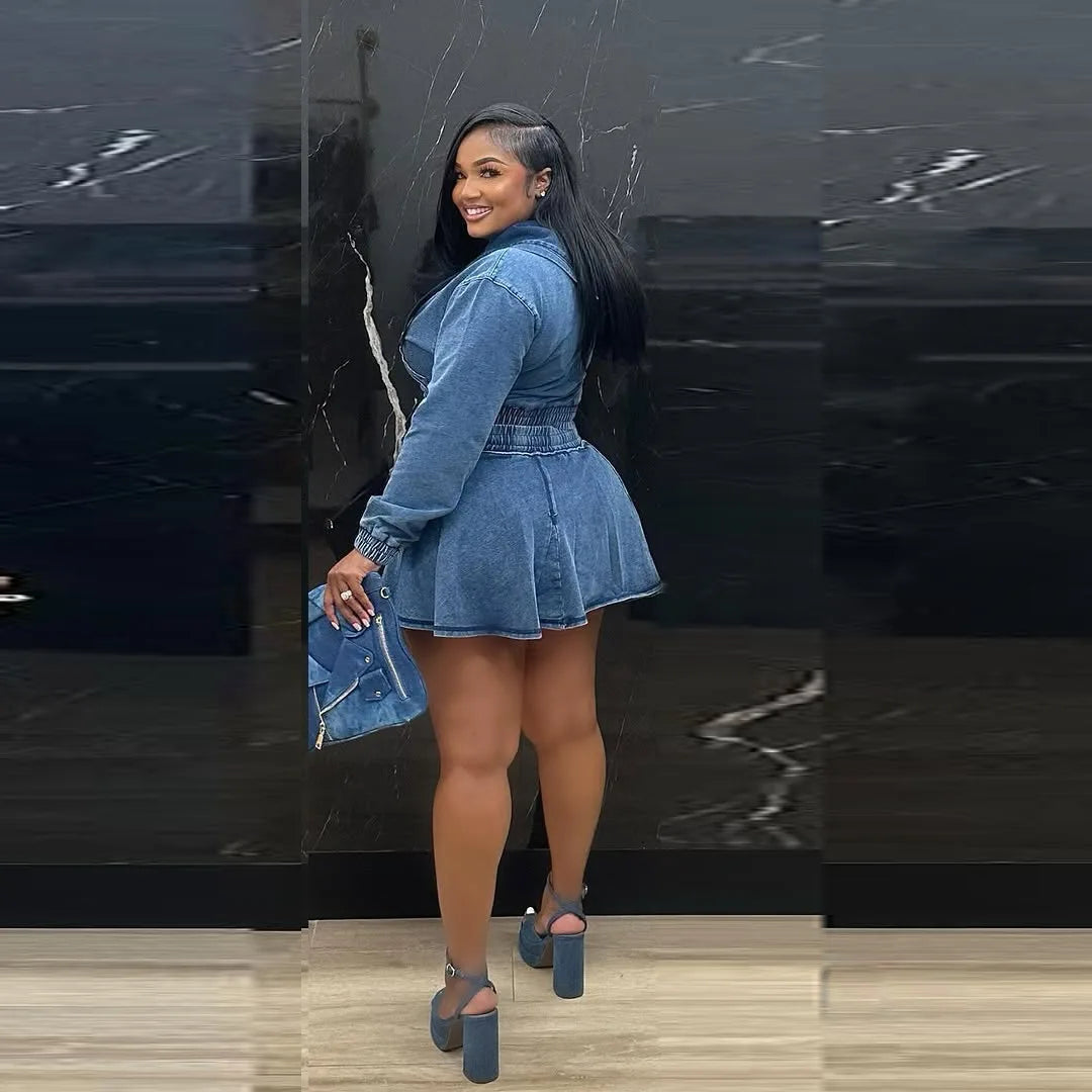 Two Piece Sets Women Denim Skirt Hooded Zipper Tops Short Dress Sets Skirts A Line High Waist Y2k Streetwear Elegant Slim Fit