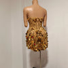 Sparkly Gold Rhinestone Sequins Sexy Strapless Mesh See Through Mini Dress Women Eveing Birthday Party Nightclub Stage Costume