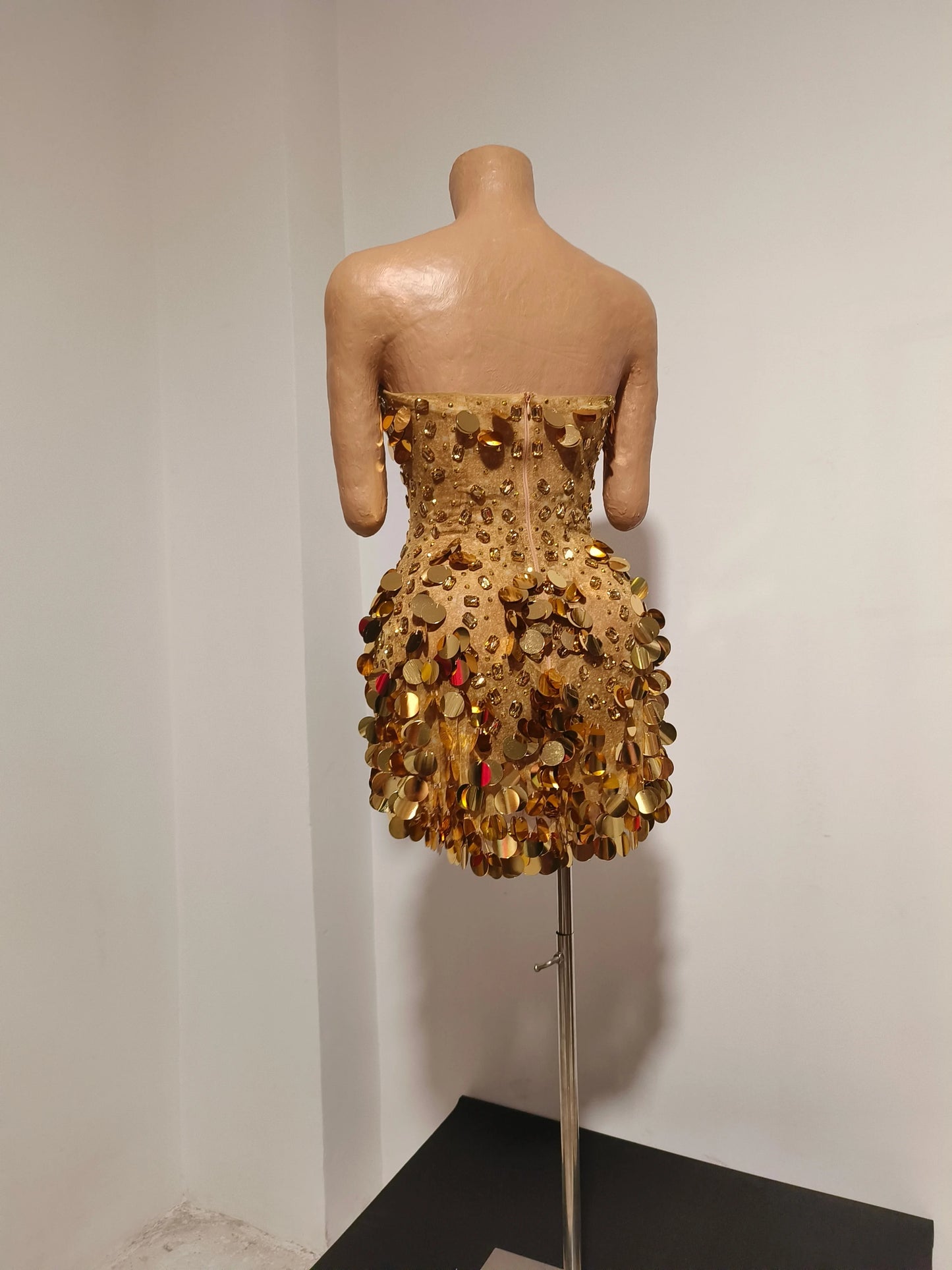 Sparkly Gold Rhinestone Sequins Sexy Strapless Mesh See Through Mini Dress Women Eveing Birthday Party Nightclub Stage Costume